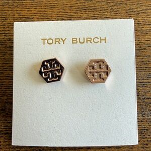 Tory Burch Black and Gold Hexagon Earrings